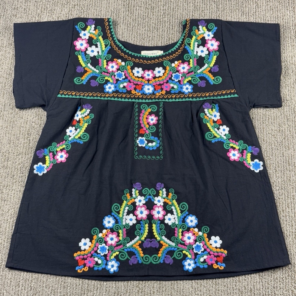 YZXDORWJ Womens S Embroidered Mexican Top Short Sleeve Blouse Peasant Black